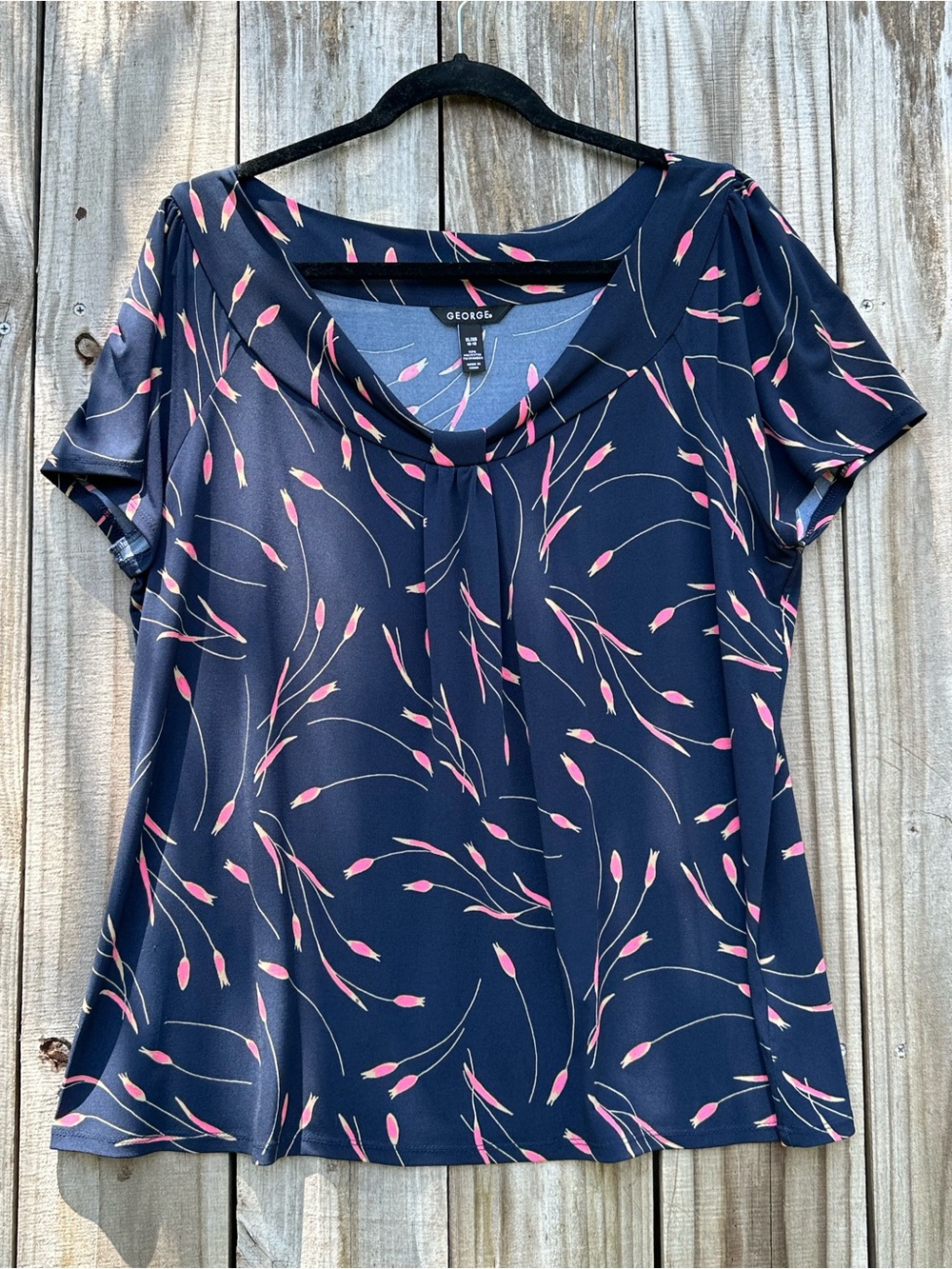 George Navy Short-Sleeve Top with Pink Floral Buds Women’s Size XL 16-18